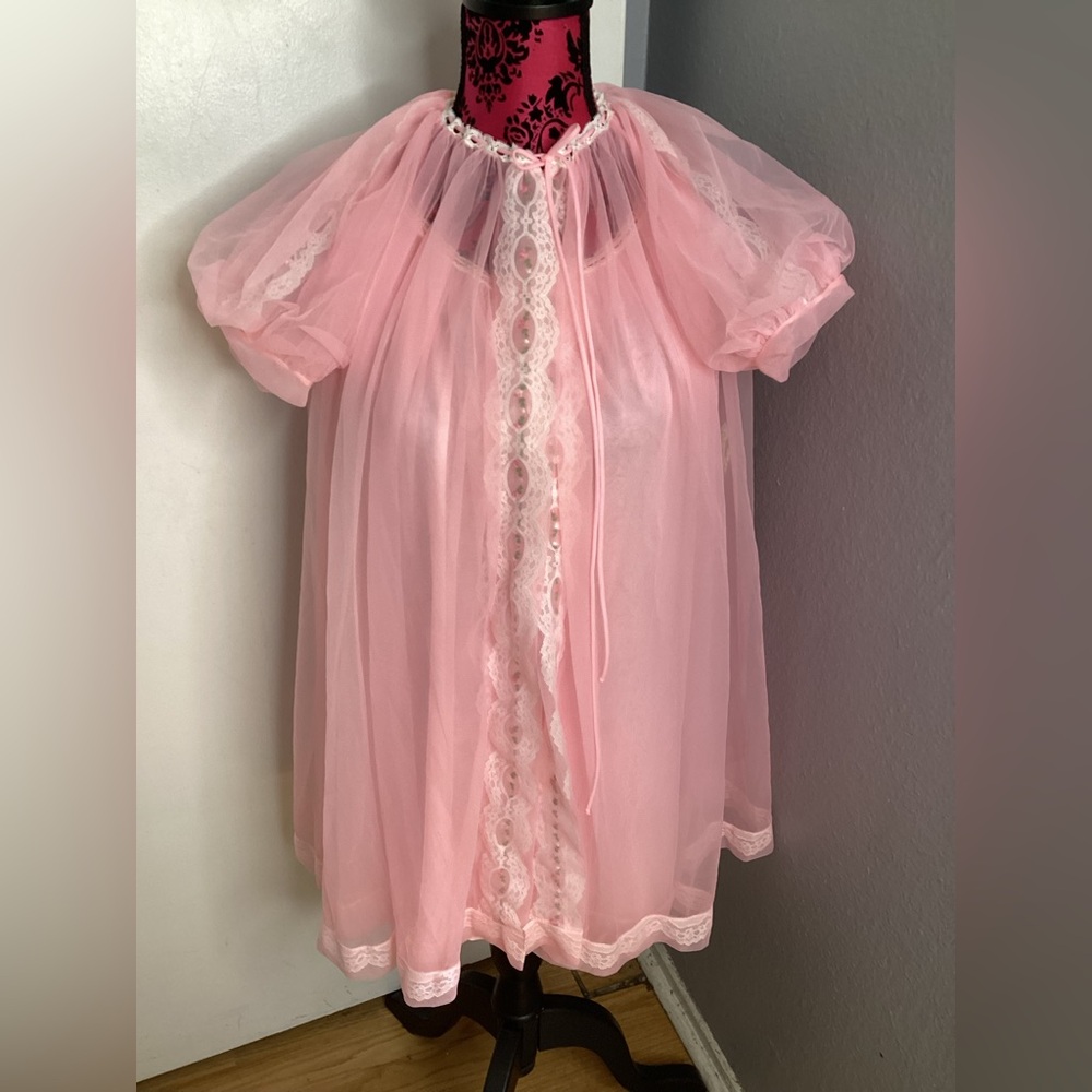 Miss Elaine Vintage Blush Pink Sheer Nightgown & Robe Set S